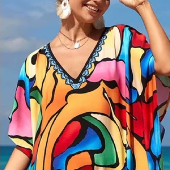 HOST PIC MAXI KAFTAN DRESS BEACH KIMONO ROBE VIBRANT MULTI PRINT OS - Picture 3 of 10